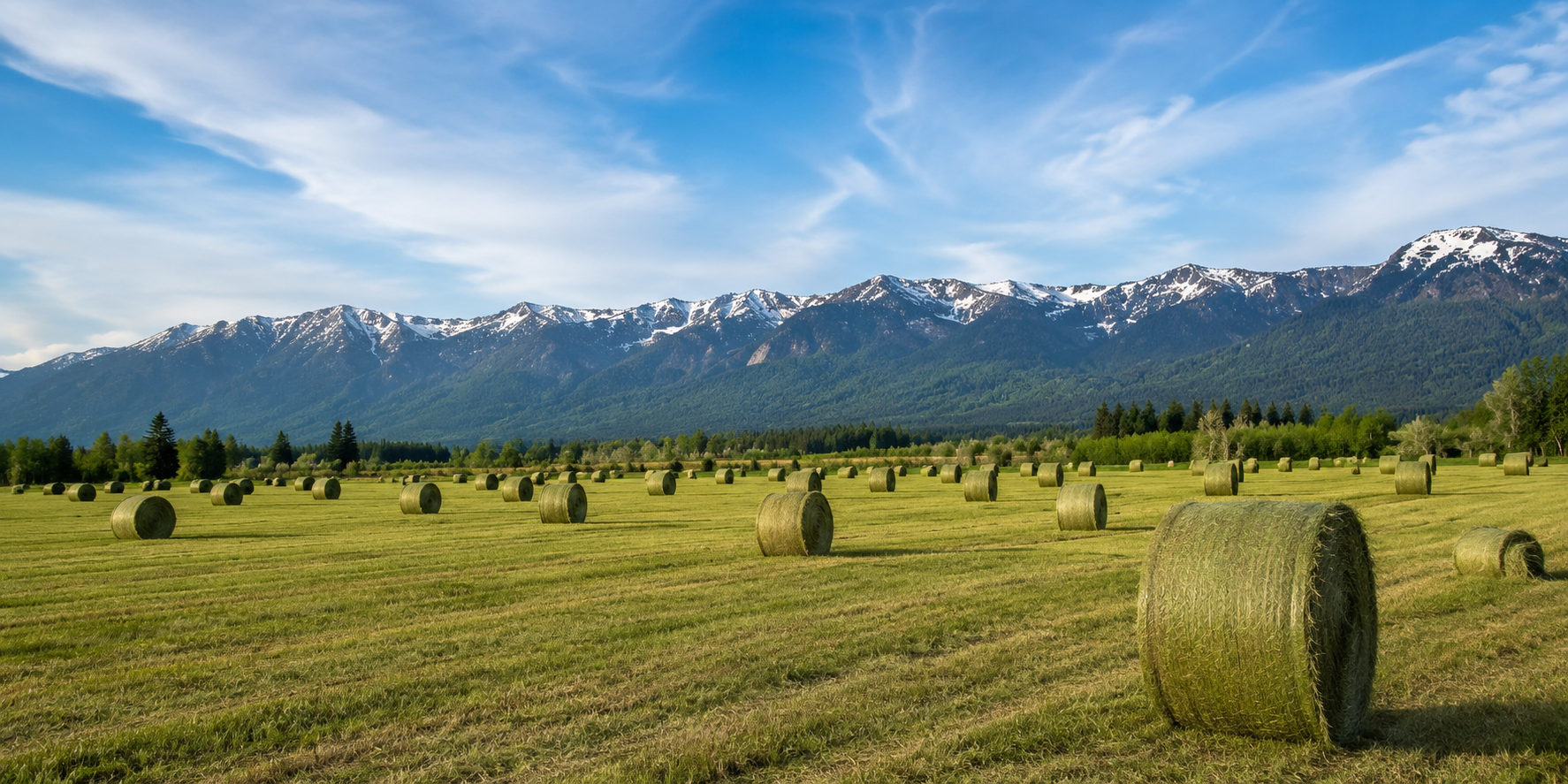 Montana hay field with round bales and mountains